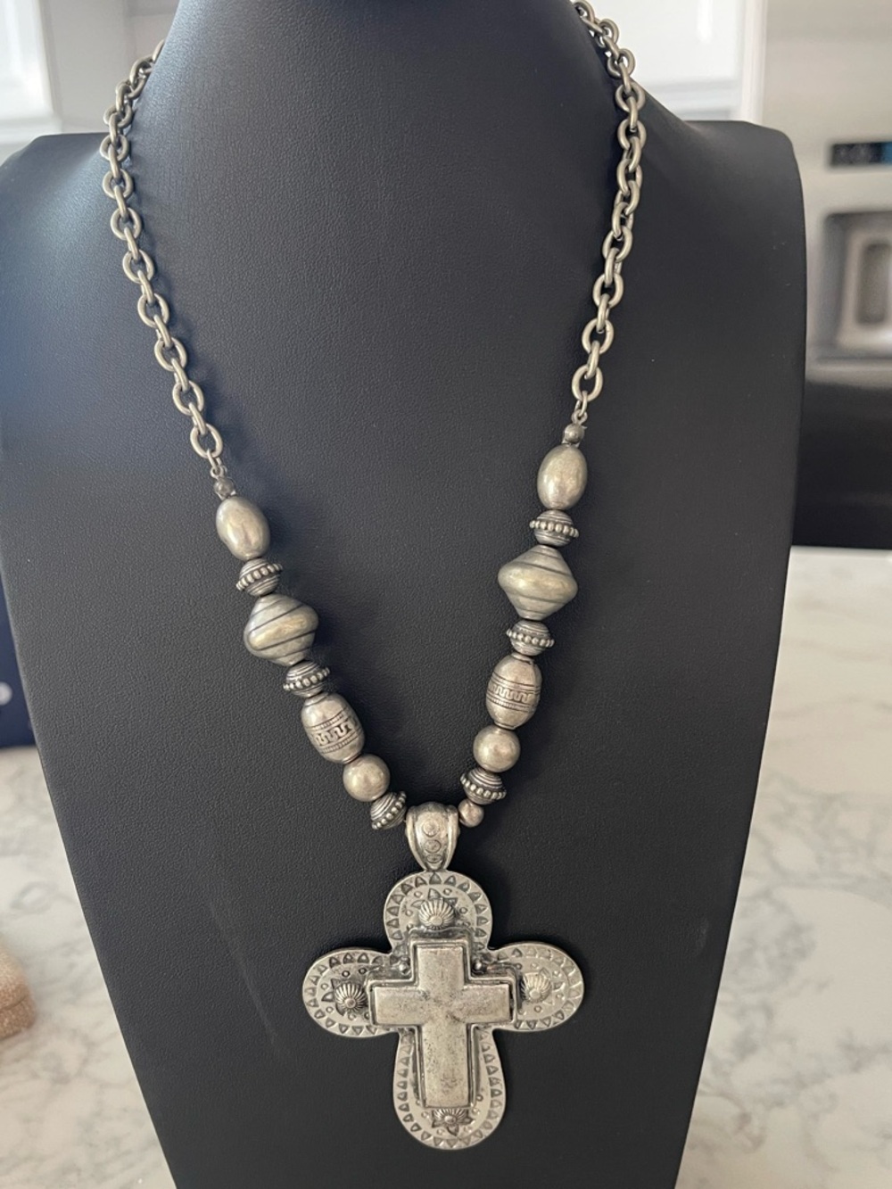 Antique Silver-Tone Cross Bead Necklace - Women's Fashion Necklace